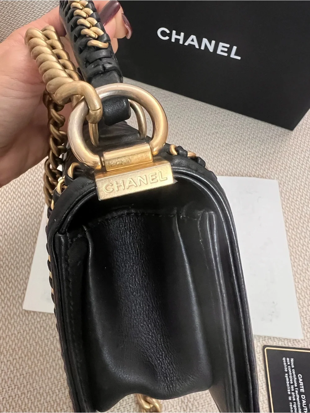 CHANEL Black Quilted Leather Shoulder Boy Bag with Gold Hardware